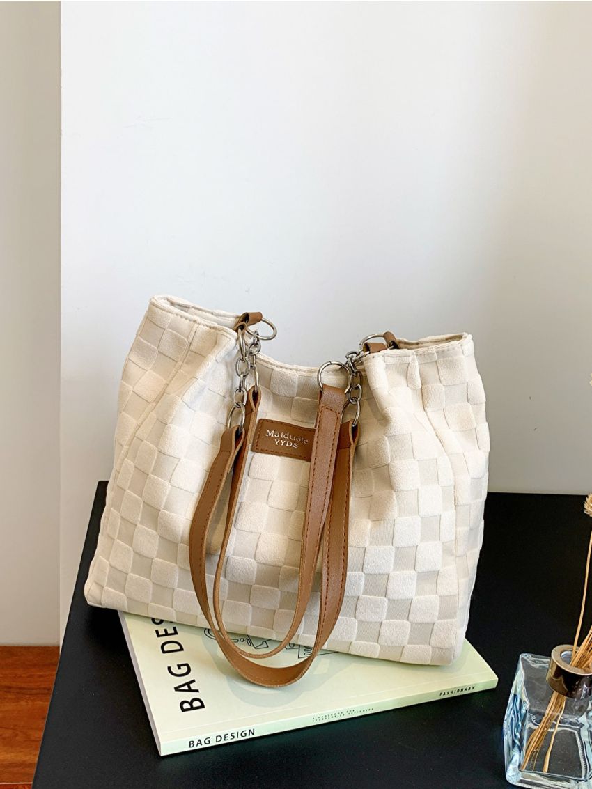 Plaid Pattern Patch Detail Shoulder Tote Bag