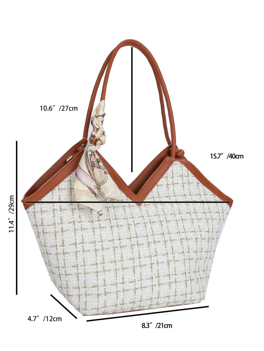 Plaid Pattern Twilly Scarf Decor Tweed Shoulder Tote Bag