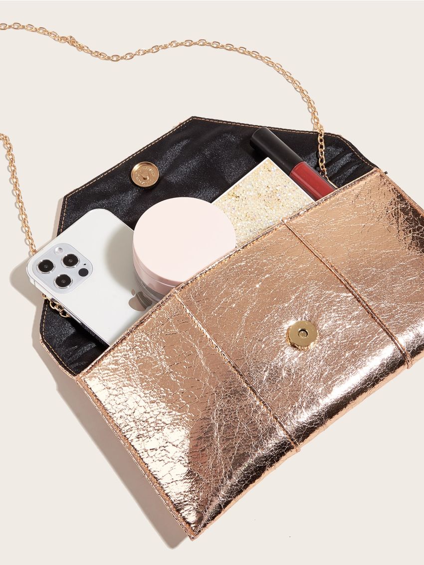 Metallic Textured Flap Chain Square Bag