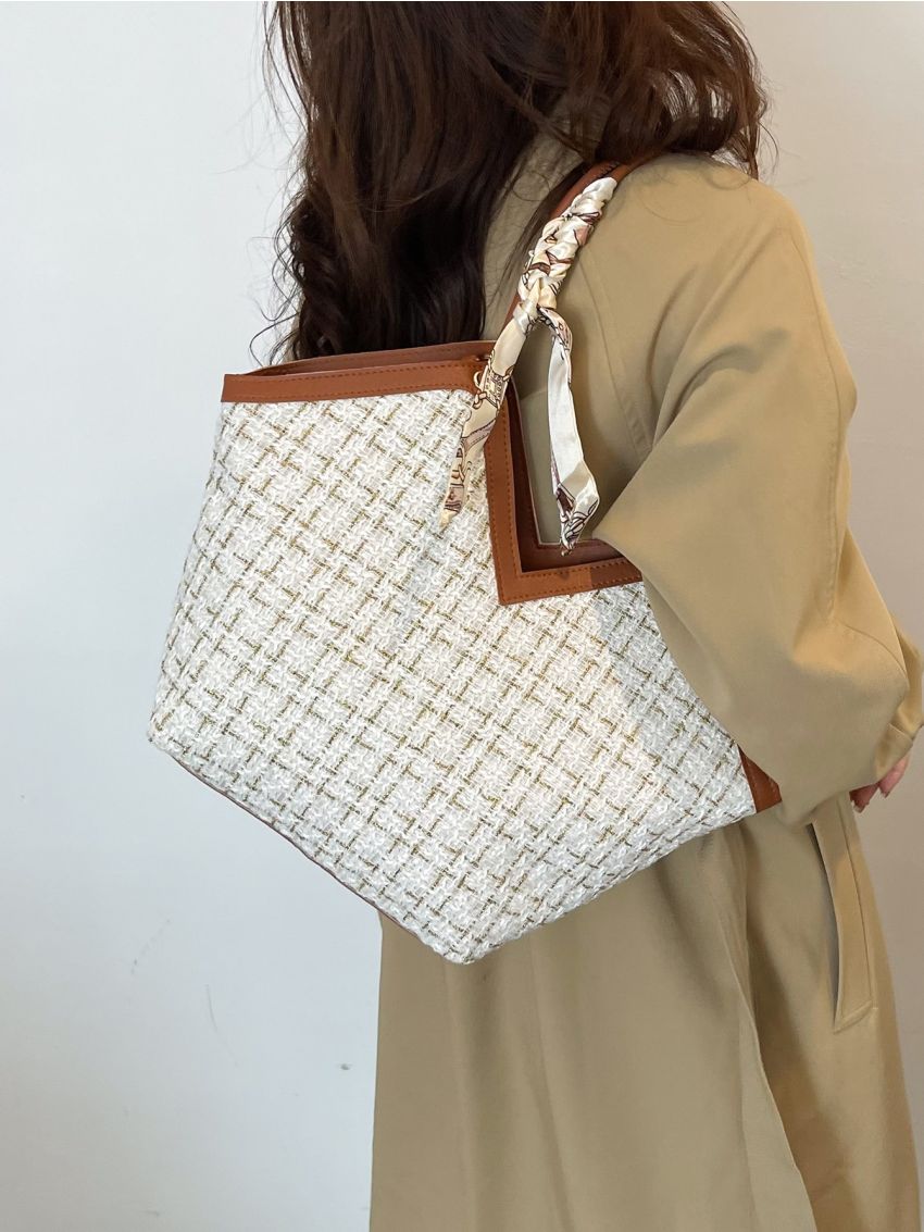 Twilly Scarf Decor Tweed Shoulder Tote Bag