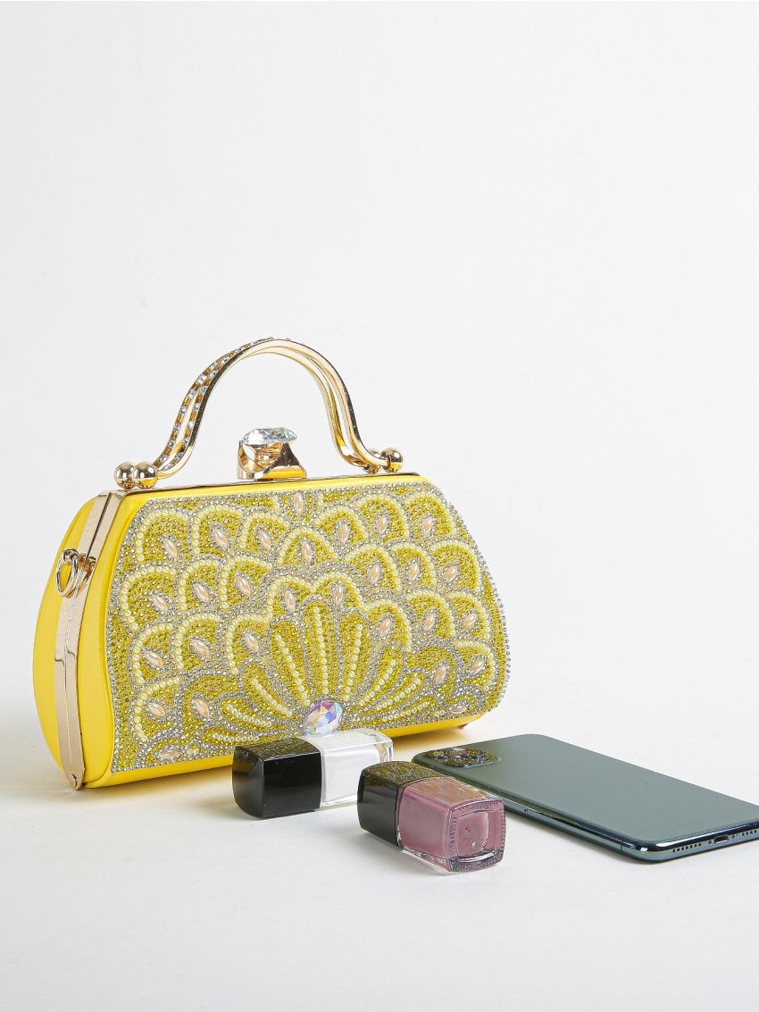 Mini Neon Yellow Rhinestone Decor Chain Box Bag