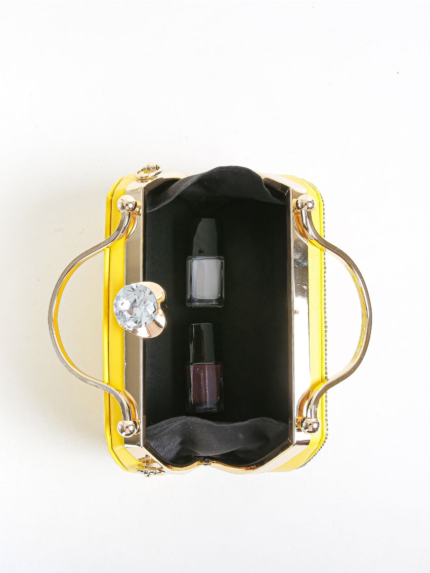 Mini Neon Yellow Rhinestone Decor Chain Box Bag