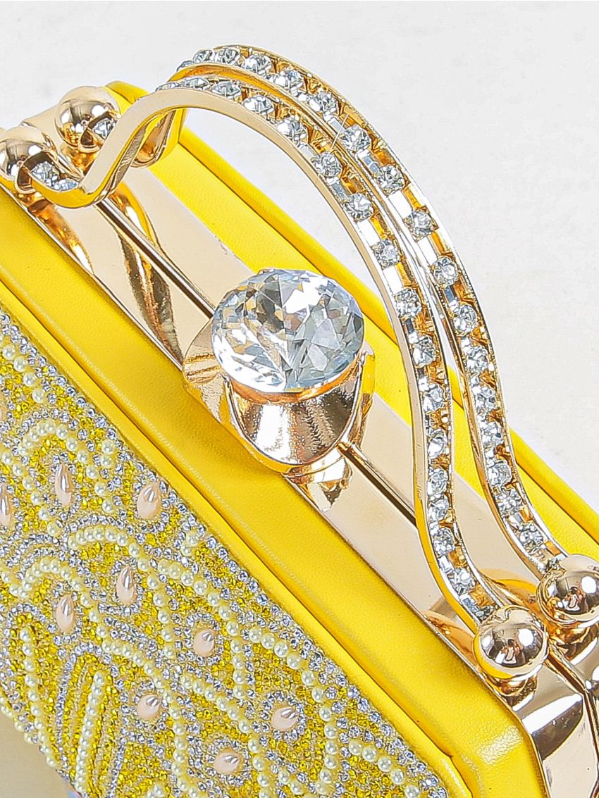 Mini Neon Yellow Rhinestone Decor Chain Box Bag