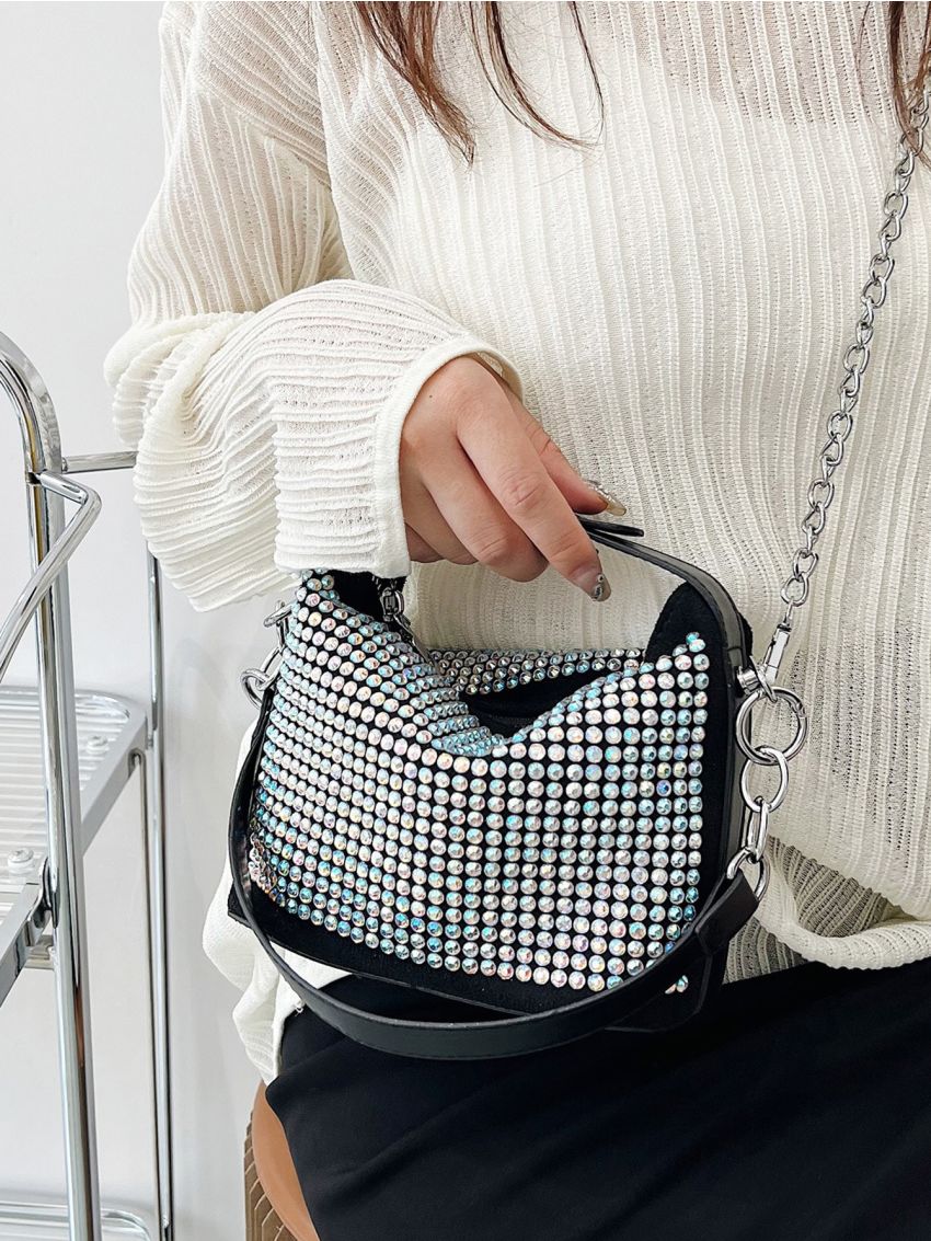 Mini Hobo Bag Rhinestone Decor Top Handle