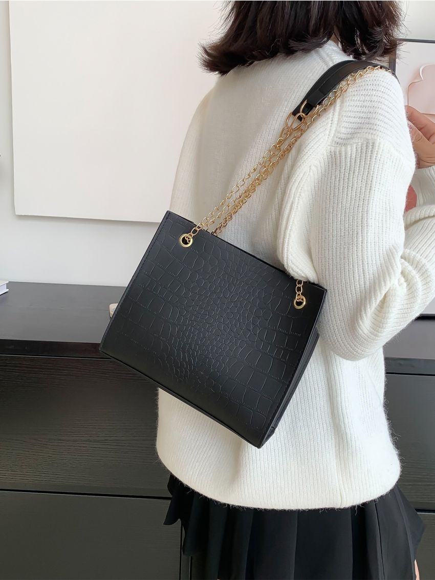 Crocodile Embossed Chain Square Bag