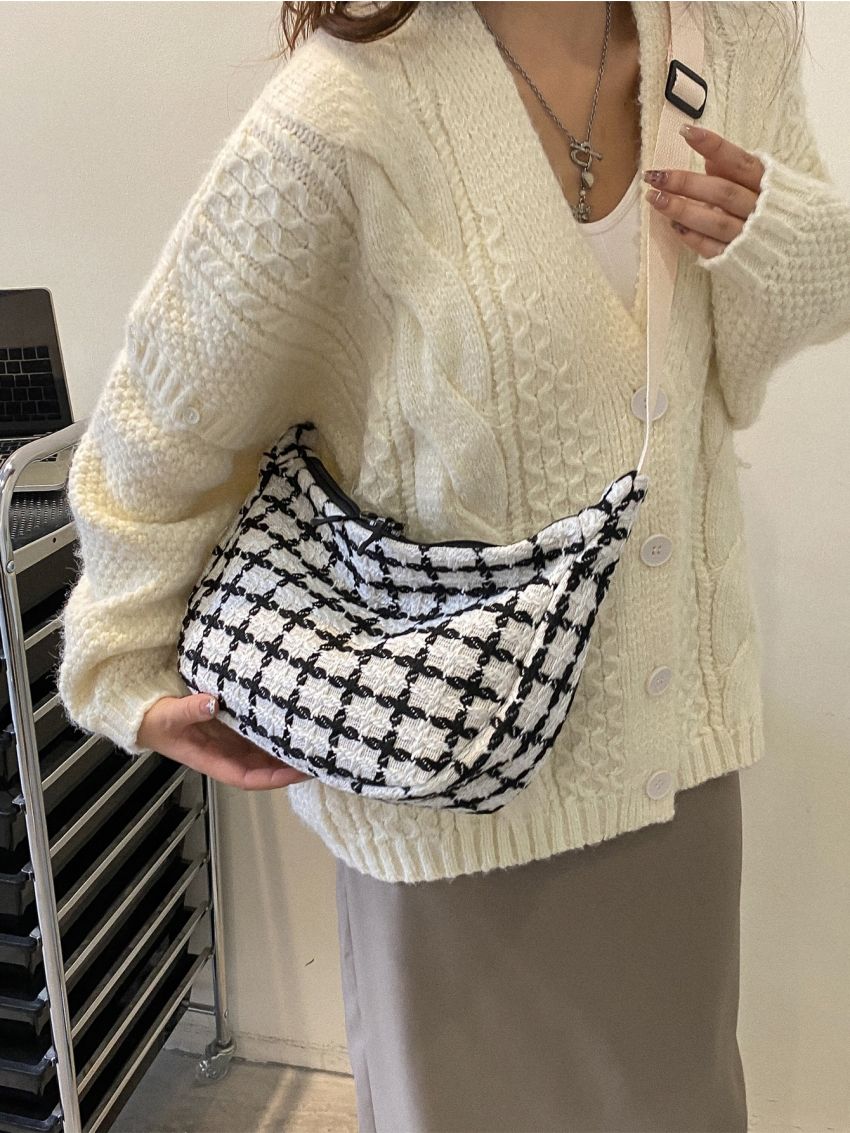 Plaid Pattern Tweed Hobo Bag