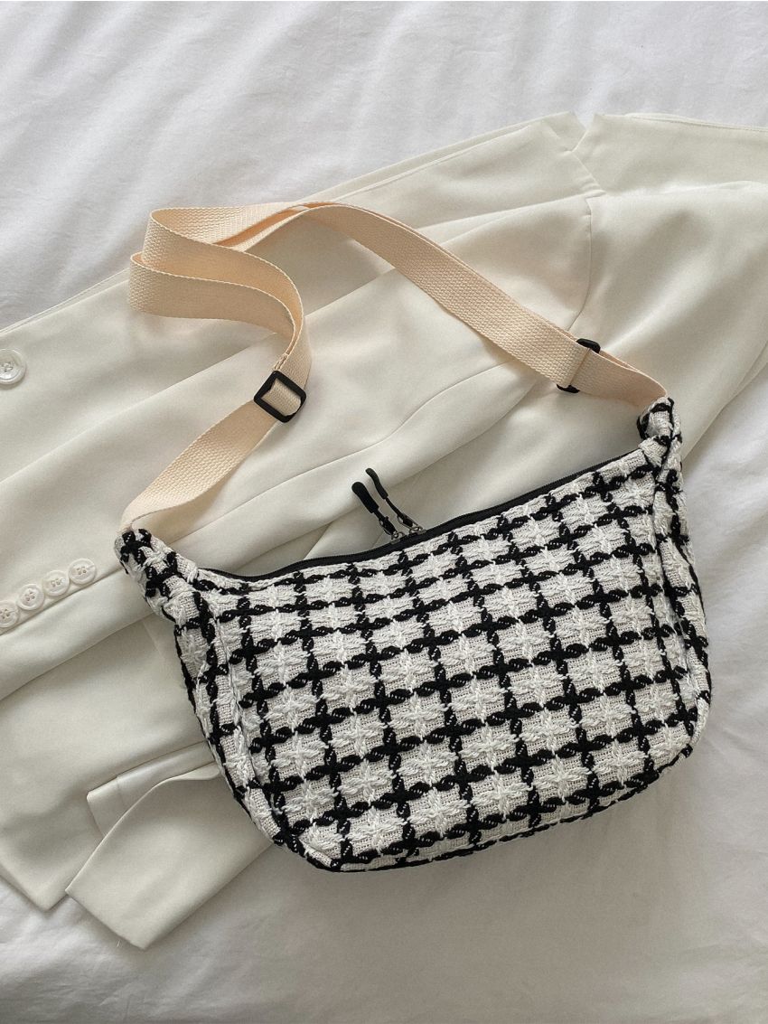 Plaid Pattern Tweed Hobo Bag
