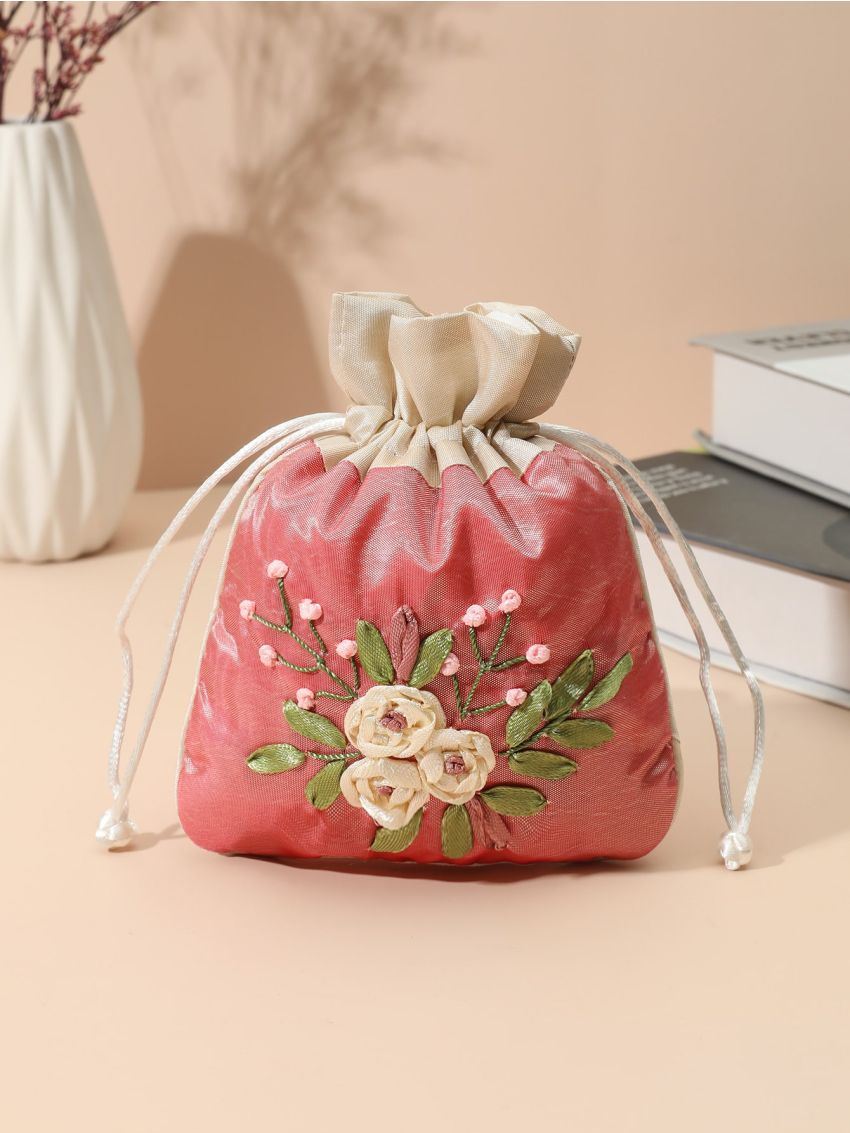 Colorblock Flower Embroidery Drawstring Design Coin Purse, Mothers Day Gift For Mom