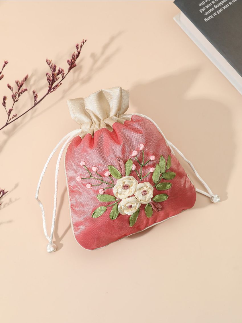 Colorblock Flower Embroidery Drawstring Design Coin Purse, Mothers Day Gift For Mom