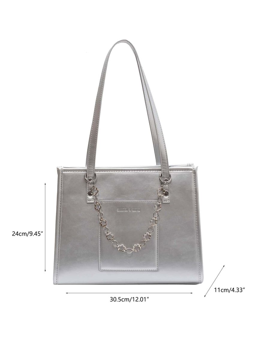 Metallic Chain Decor Letter Detail Shoulder Tote Bag