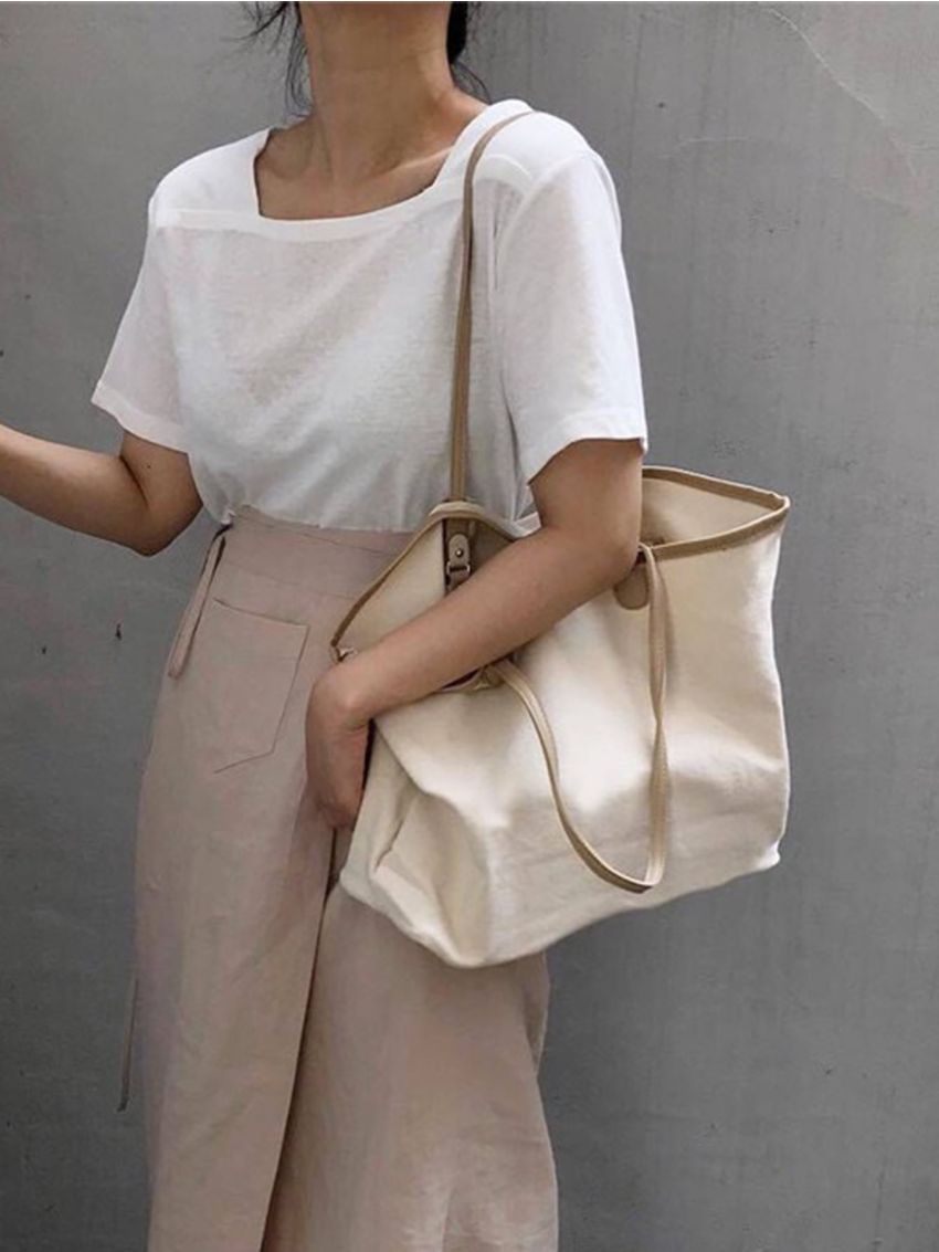 Contrast Binding Shoulder Tote Bag