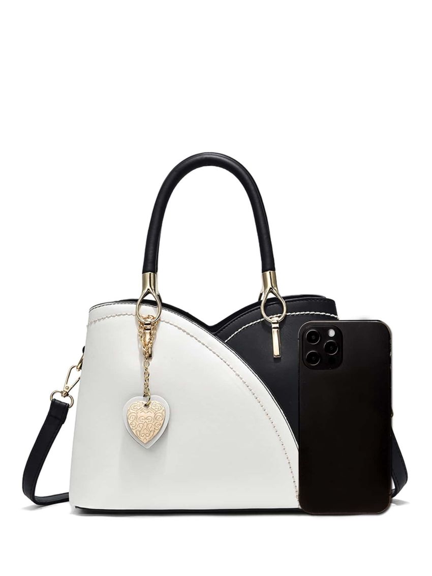 Two Tone Double Handle Tote Bag, Colorblock Shoulder Bag For Ladies, Heart Decor Crossbody Purse, Mothers Day Gift For Mom