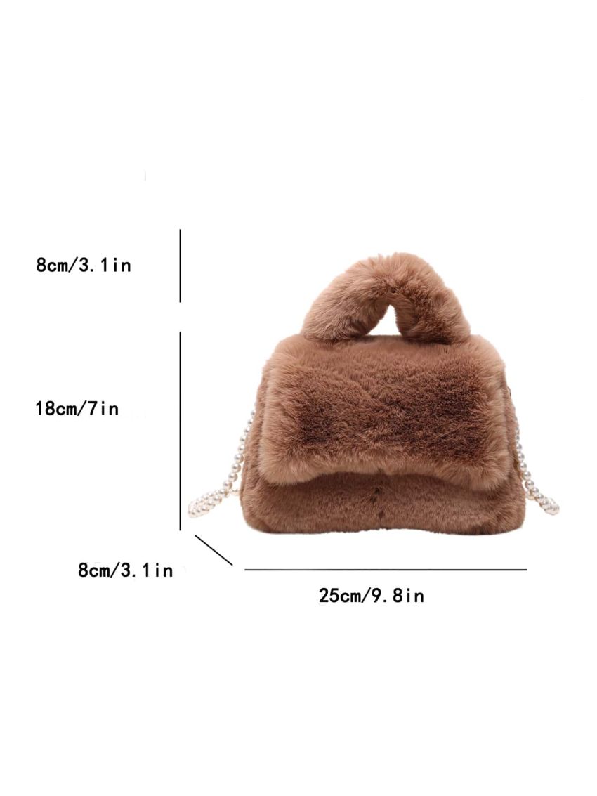 Faux Pearl Beaded Flap Fuzzy Satchel Bag