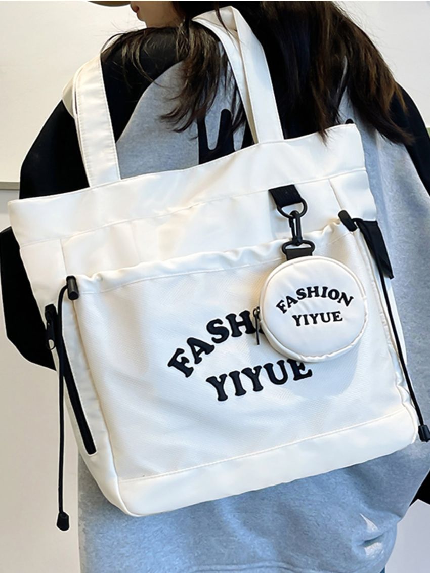 Letter Embroidery Design Shopper Bag With Small Pouch