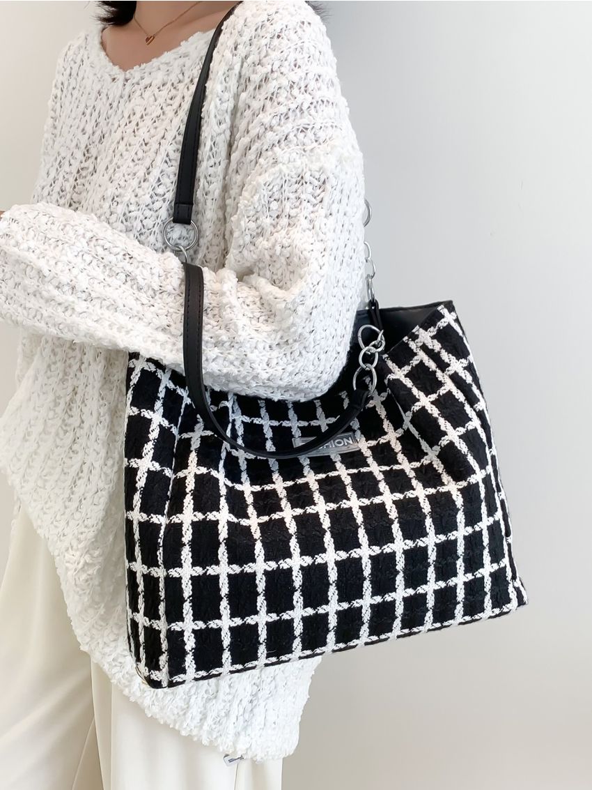 Plaid Pattern Patch Detail Tweed Shoulder Tote Bag