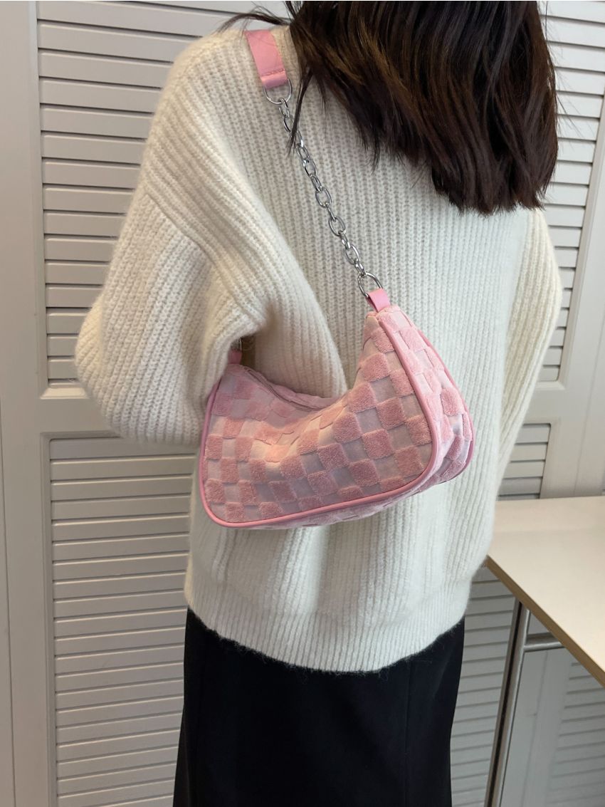 Checkered Pattern Chain Decor Canvas Hobo Bag