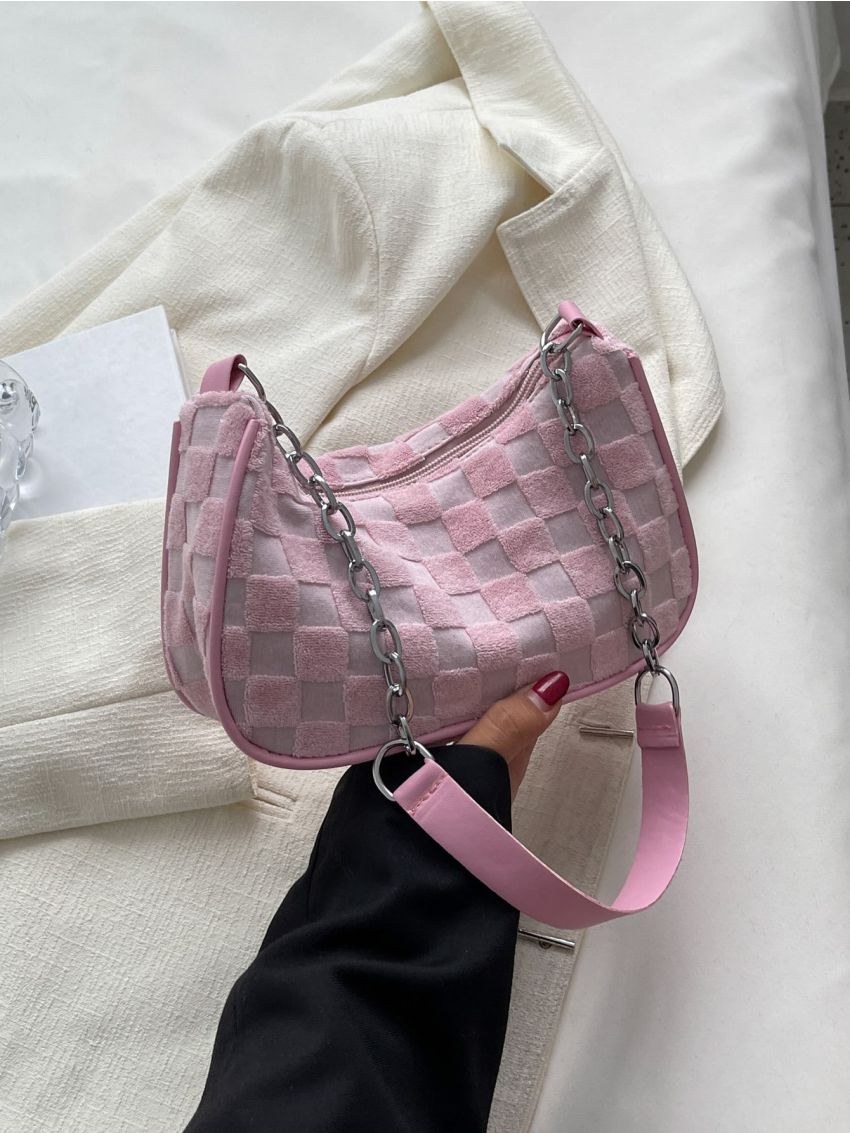 Checkered Pattern Chain Decor Canvas Hobo Bag