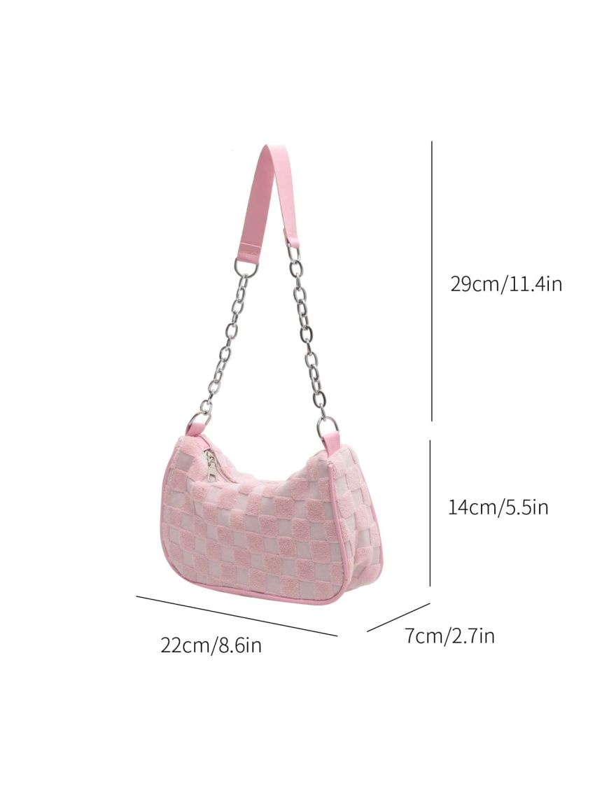 Checkered Pattern Chain Decor Canvas Hobo Bag