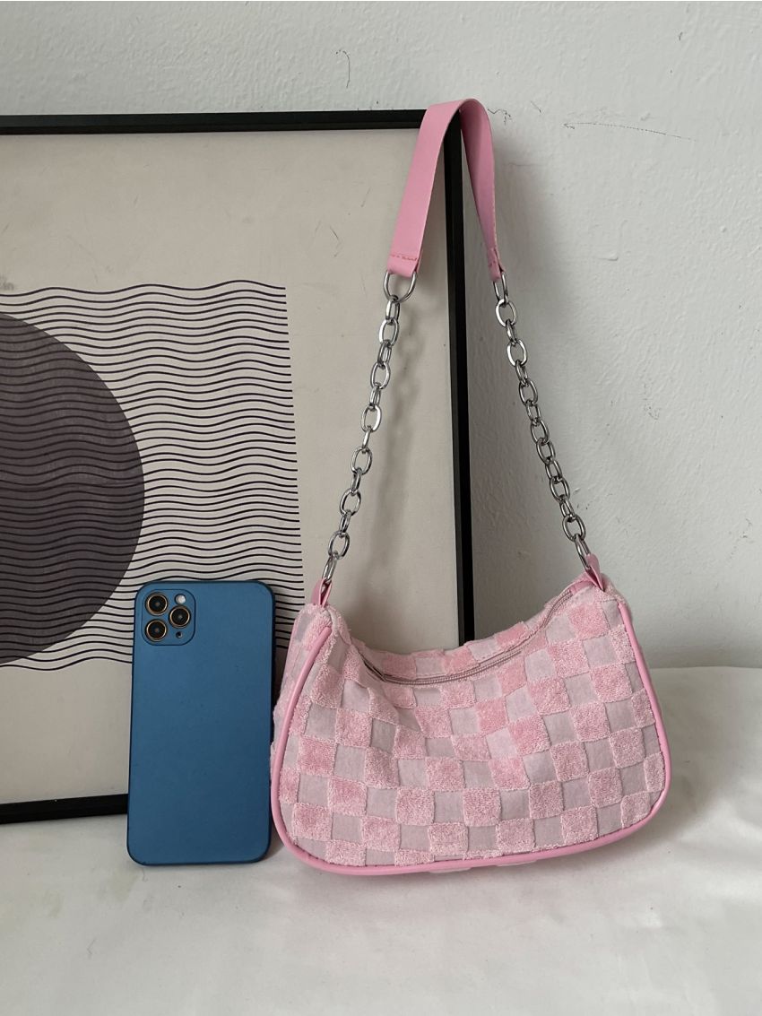 Checkered Pattern Chain Decor Canvas Hobo Bag