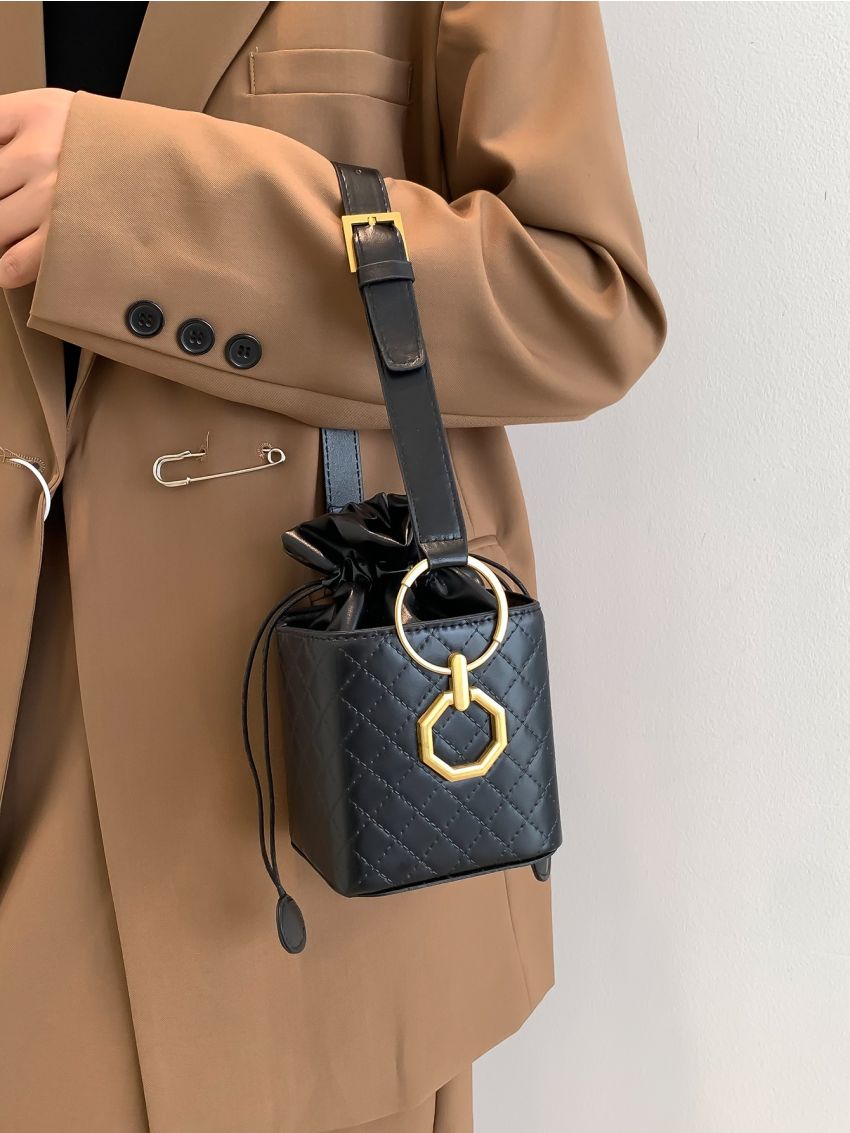 Quilted Geometric Decor Drawstring Design Box Bag