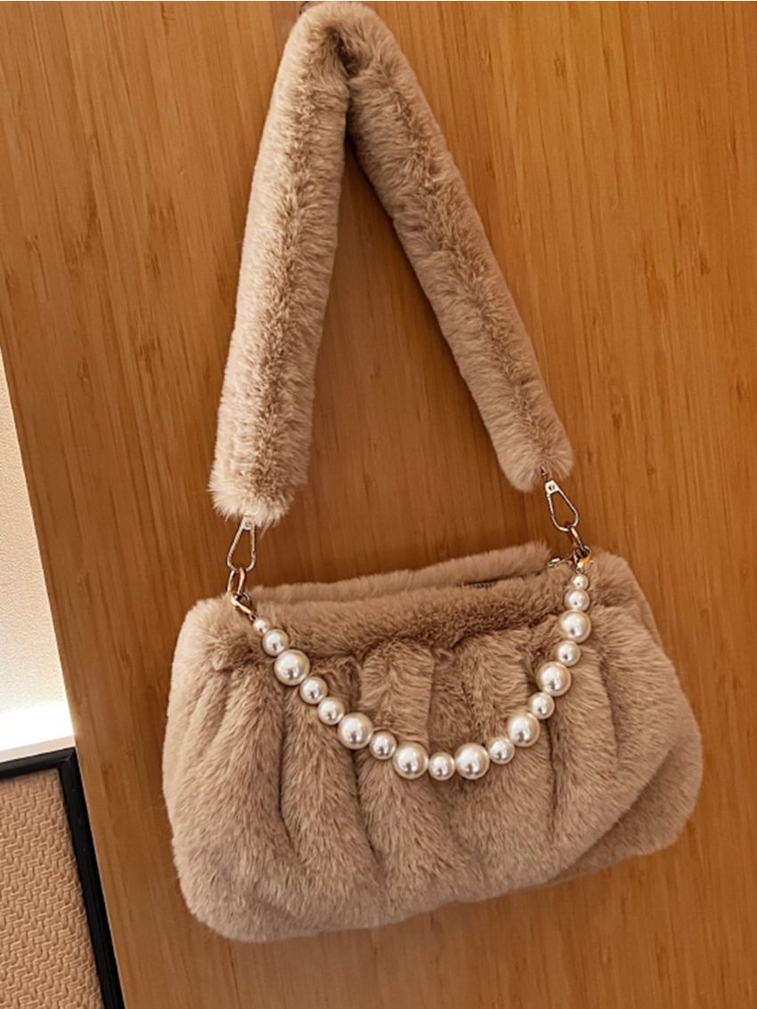 Faux Pearl Beaded Fuzzy Ruched Bag