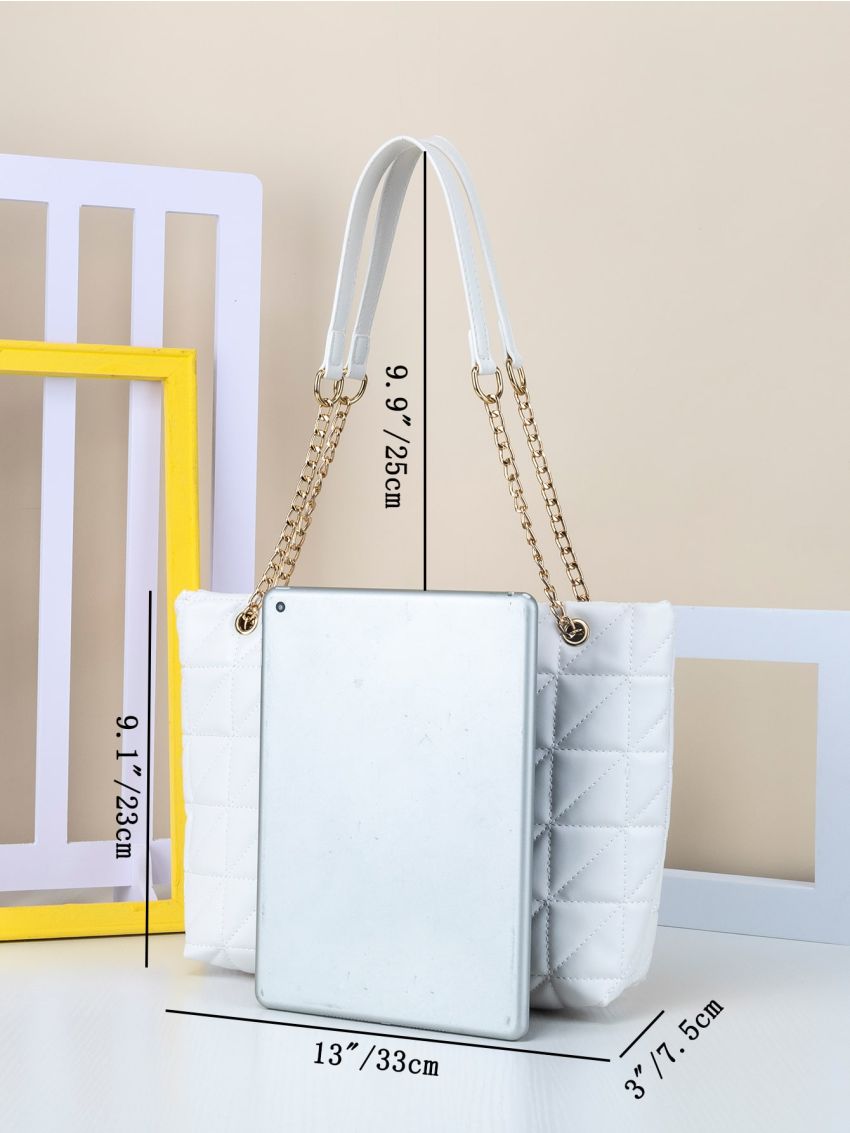 Quilted Detail Twist Lock Chain Shoulder Tote Bag
