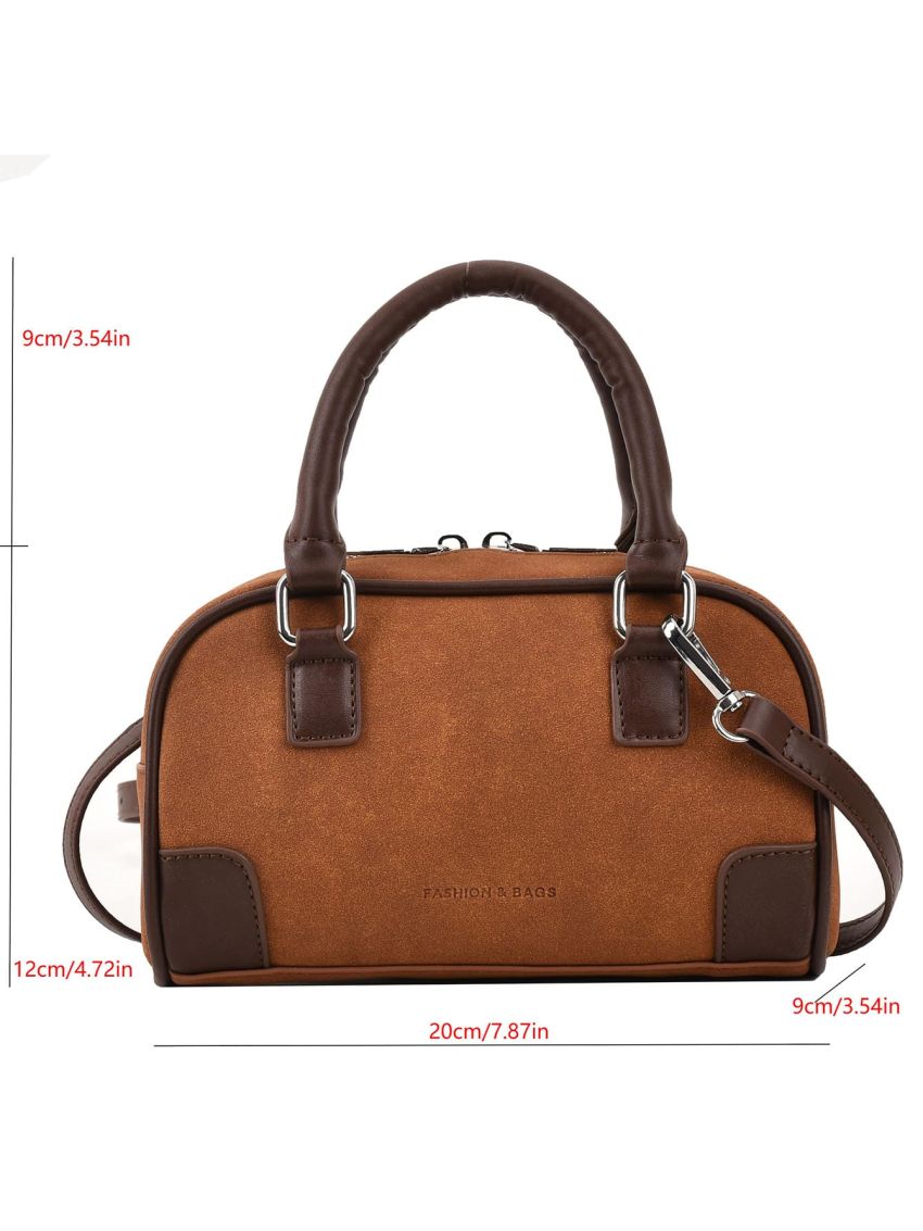 Mini Double Handle Letter Detail Faux Suede Square Bag