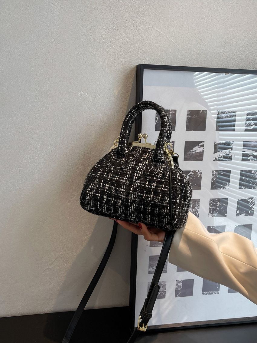 Mini Plaid Kiss Lock Tweed Satchel Bag