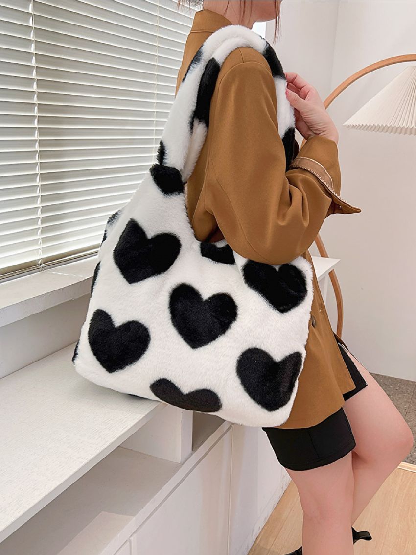 Heart Pattern Fuzzy Shoulder Tote Bag