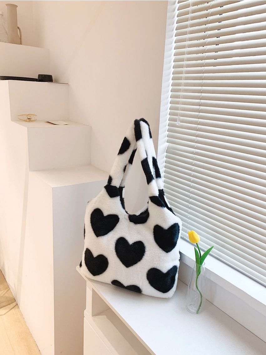 Heart Pattern Fuzzy Shoulder Tote Bag