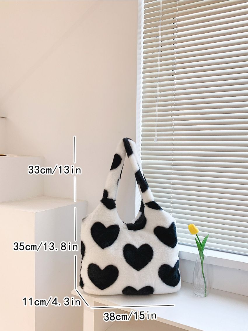 Heart Pattern Fuzzy Shoulder Tote Bag