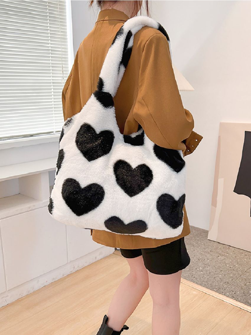 Heart Pattern Fuzzy Shoulder Tote Bag