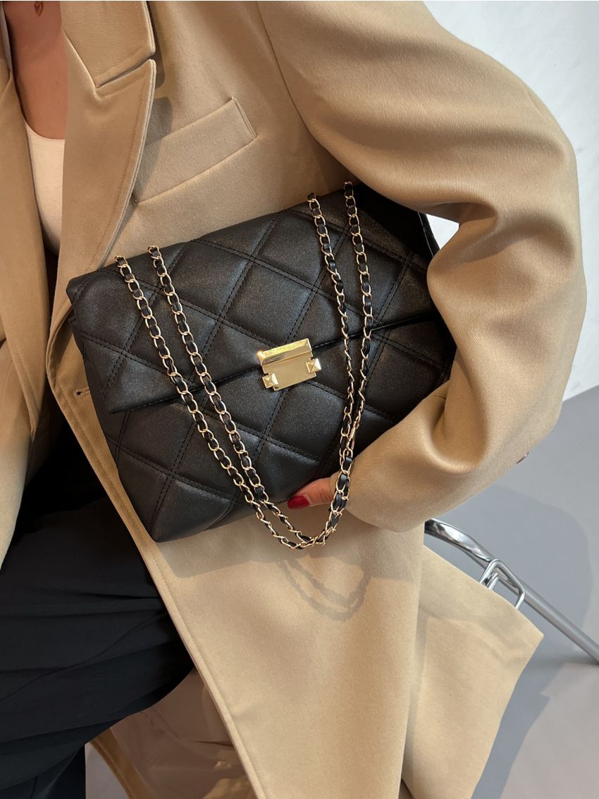 Geometric Quilted Flap Chain Square Bag