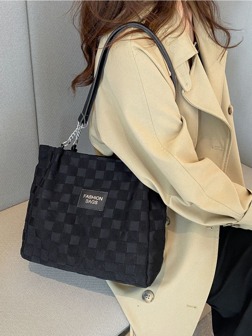 Letter Patch Decor Square Bag Geometric Embossed