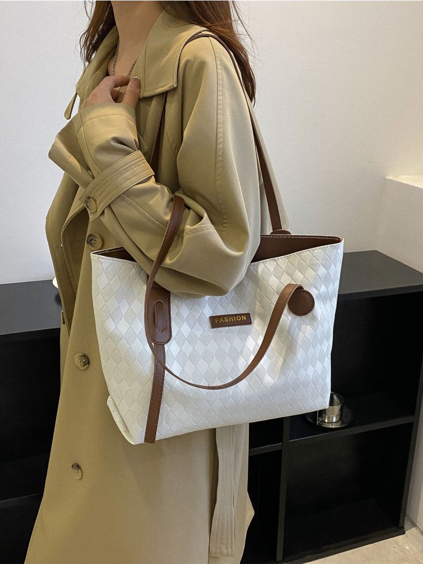 Plaid Embossed Letter Patch Detail Shoulder Tote Bag, Mothers Day Gift For Mom