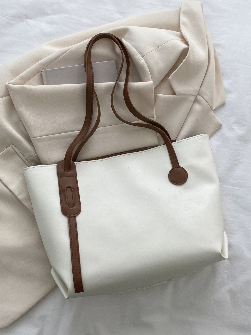 Plaid Embossed Letter Patch Detail Shoulder Tote Bag, Mothers Day Gift For Mom