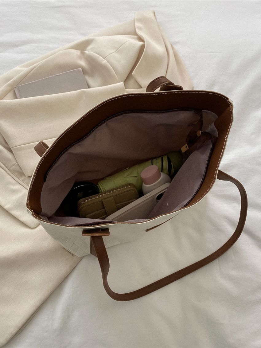 Plaid Embossed Letter Patch Detail Shoulder Tote Bag, Mothers Day Gift For Mom