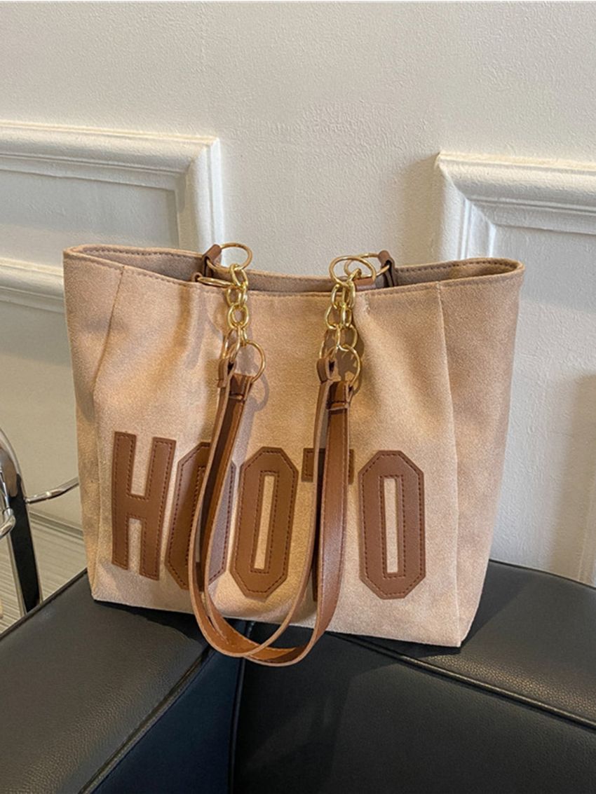Letter Patch Detail Chain Faux Suede Shoulder Tote Bag