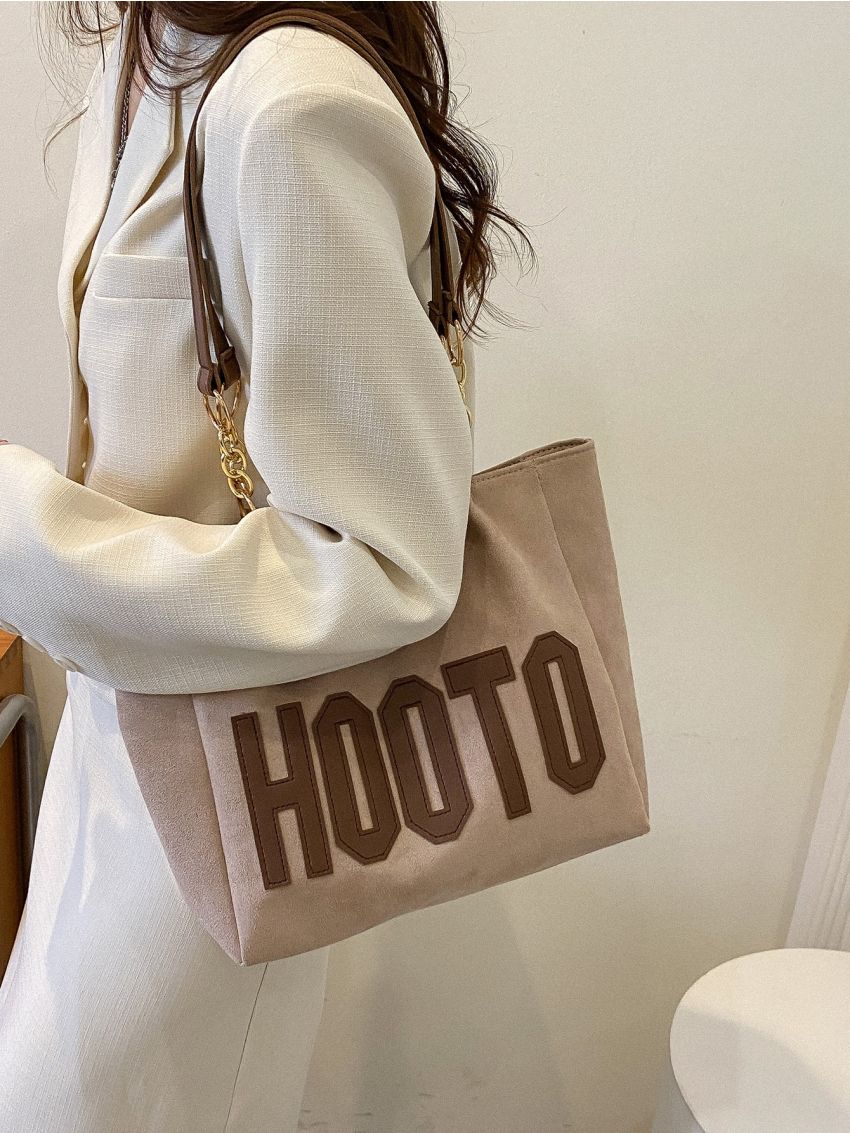 Letter Patch Detail Chain Faux Suede Shoulder Tote Bag