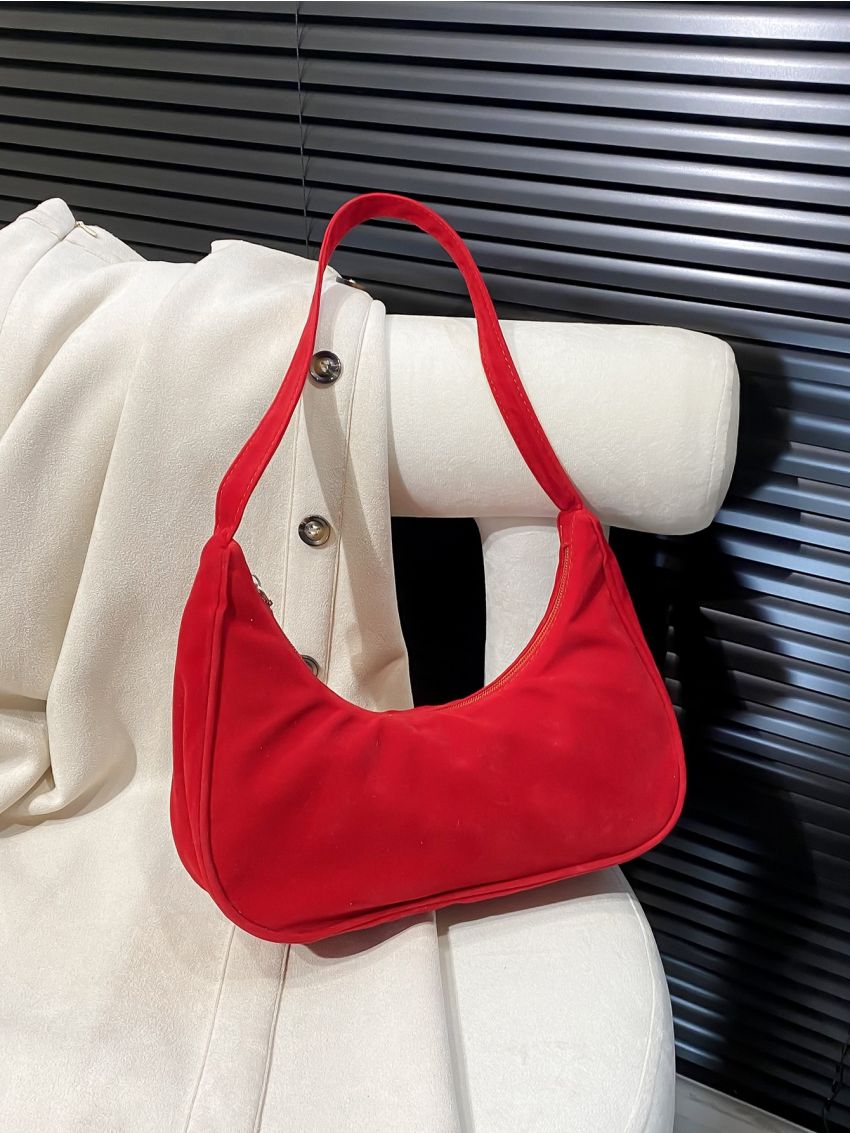 Neon-red Faux Suede Hobo Bag
