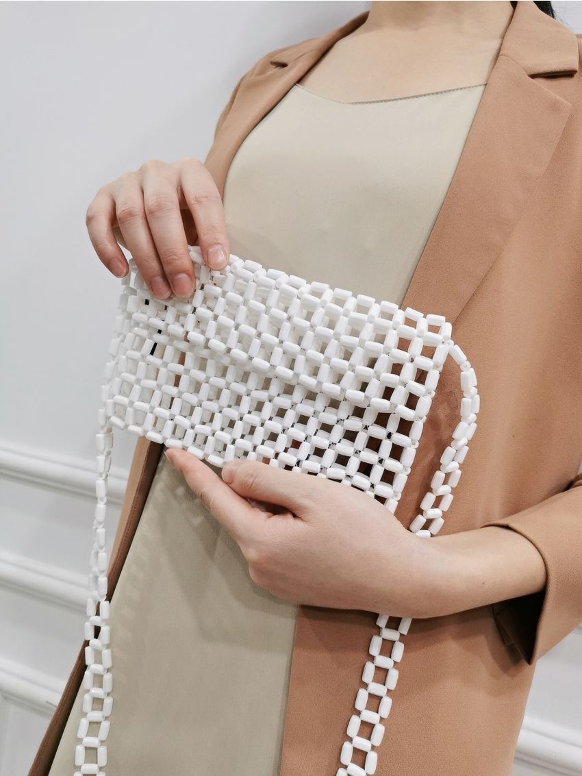 Mini Neon-orange Bead Decor Hollow Out Flap Shoulder Bag