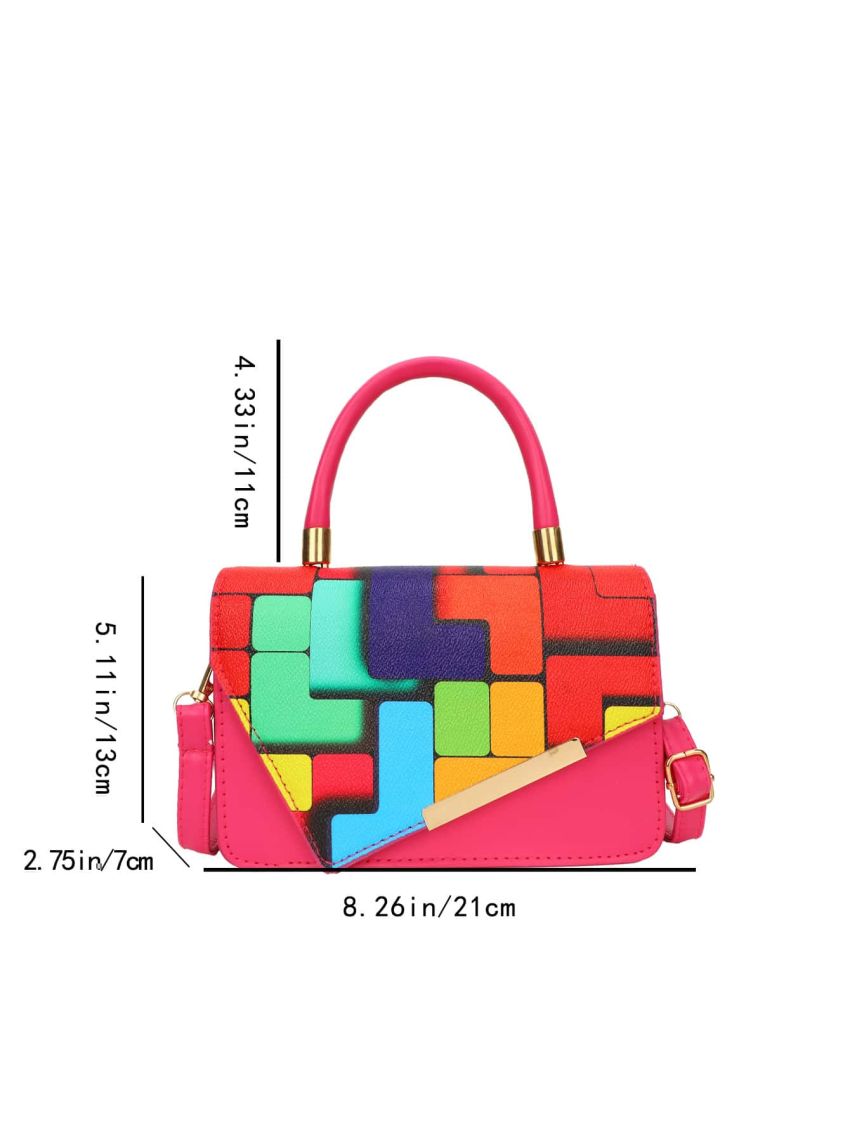 Neon Pink Geometric Pattern Colorblock Flap Square Bag