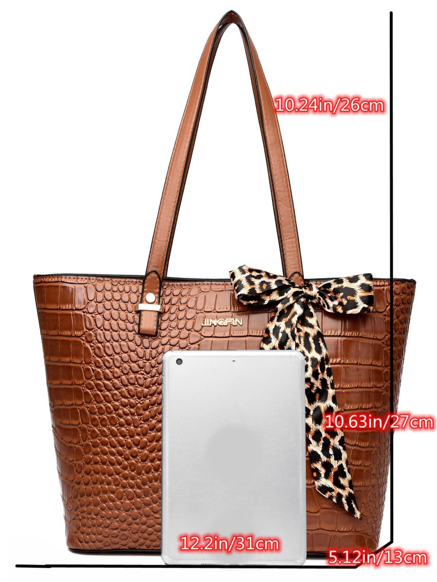 4pcs Twilly Scarf Decor Crocodile Embossed Tote Bag Set, Best Work Bag For Women