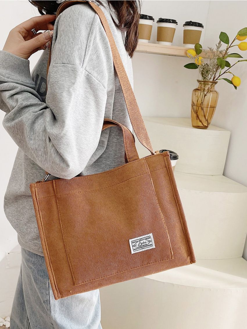 Autumn Winter Fashion Corduroy Messenger Bag, Handbag, Shoulder Bag, Letter Patch Top Handle Shopper Bag