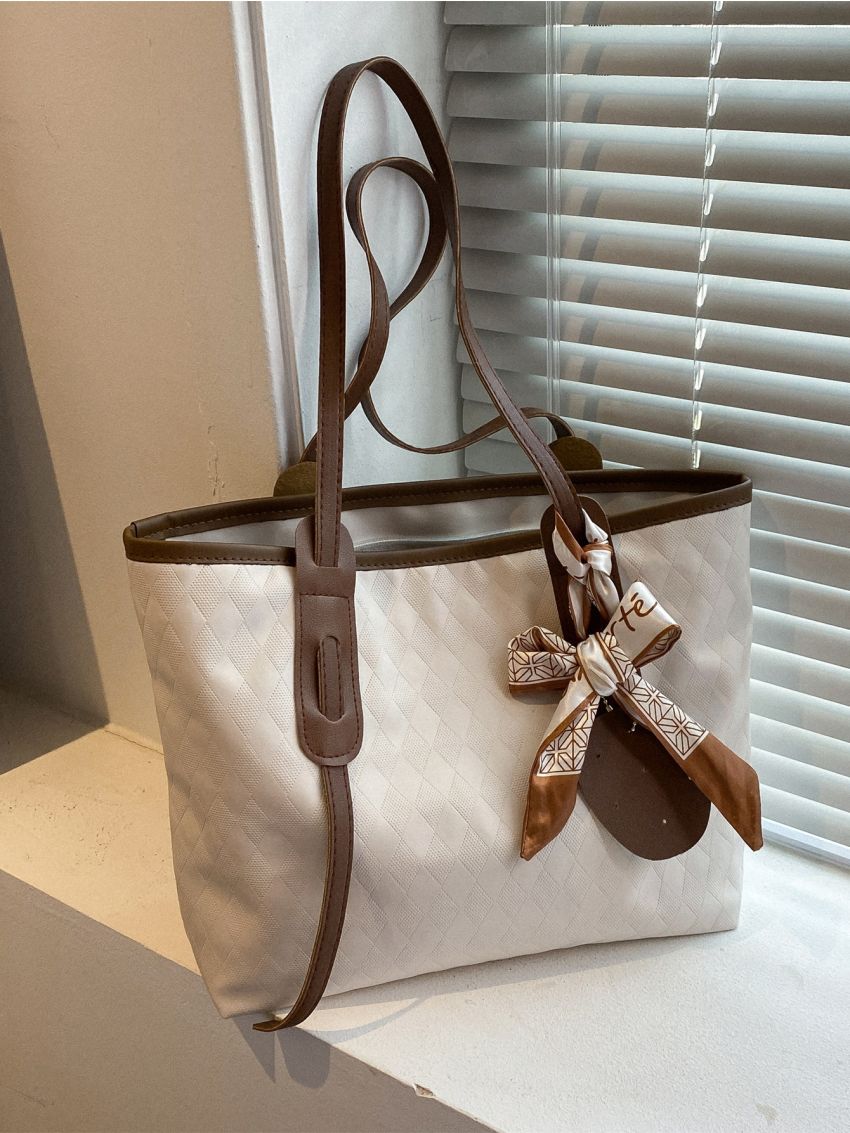 Geometric Embossed Twilly Scarf Decor Shoulder Tote Bag