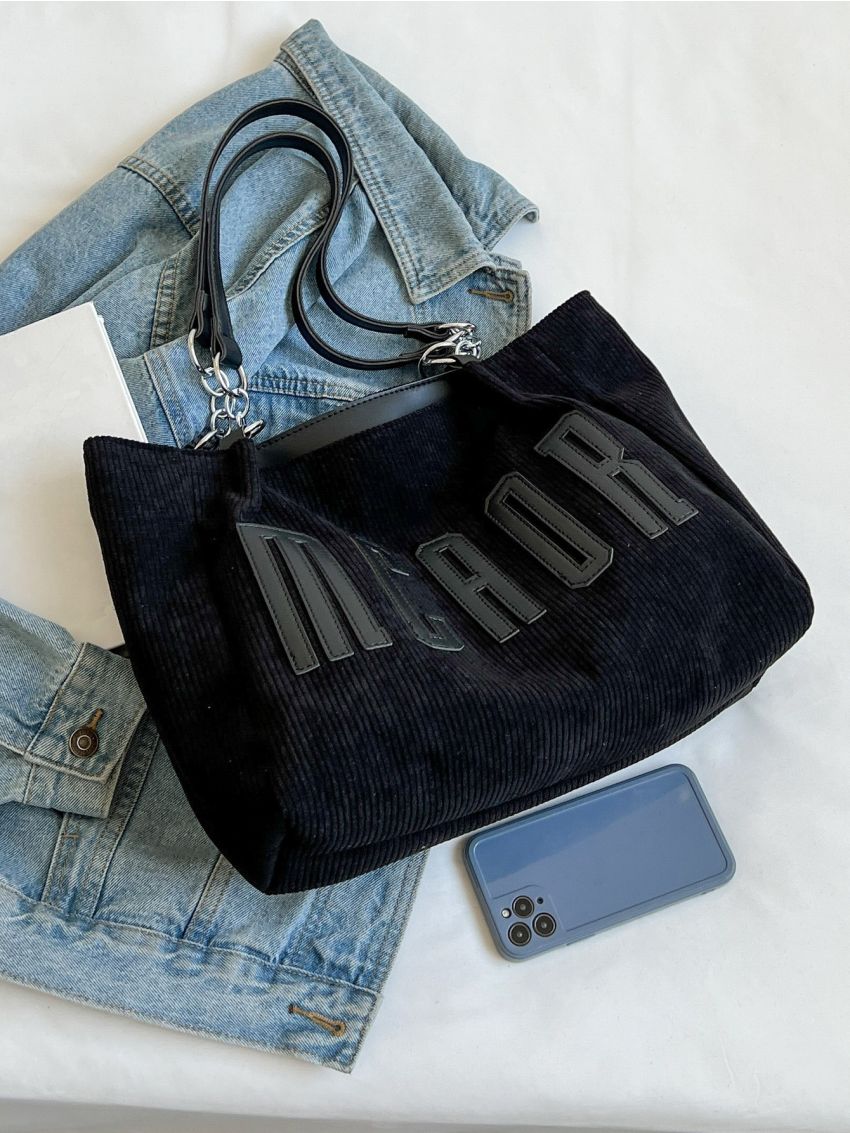 Letter Patch Detail Shoulder Tote Bag