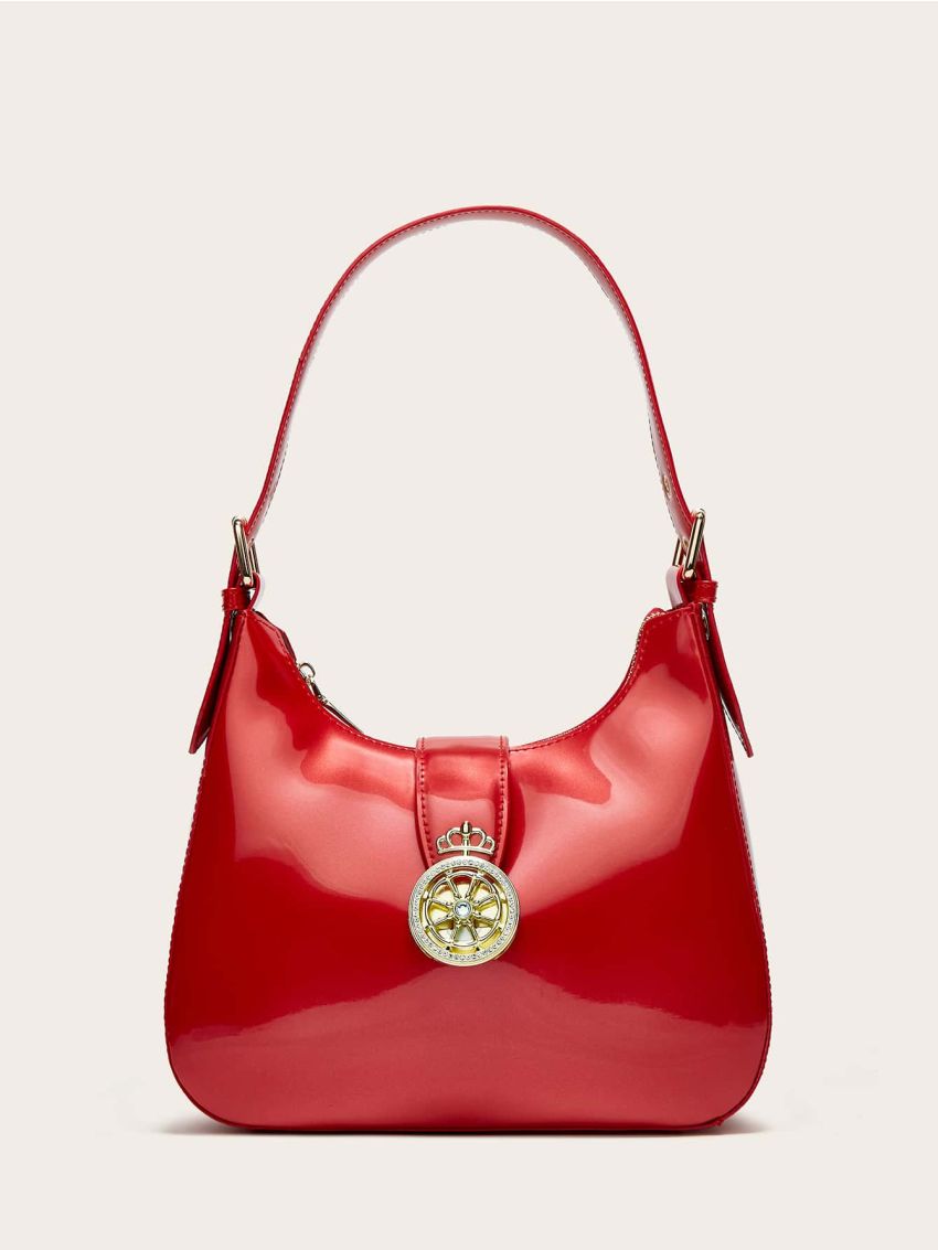 Artificial Patent Leather Crown Decor Hobo Bag