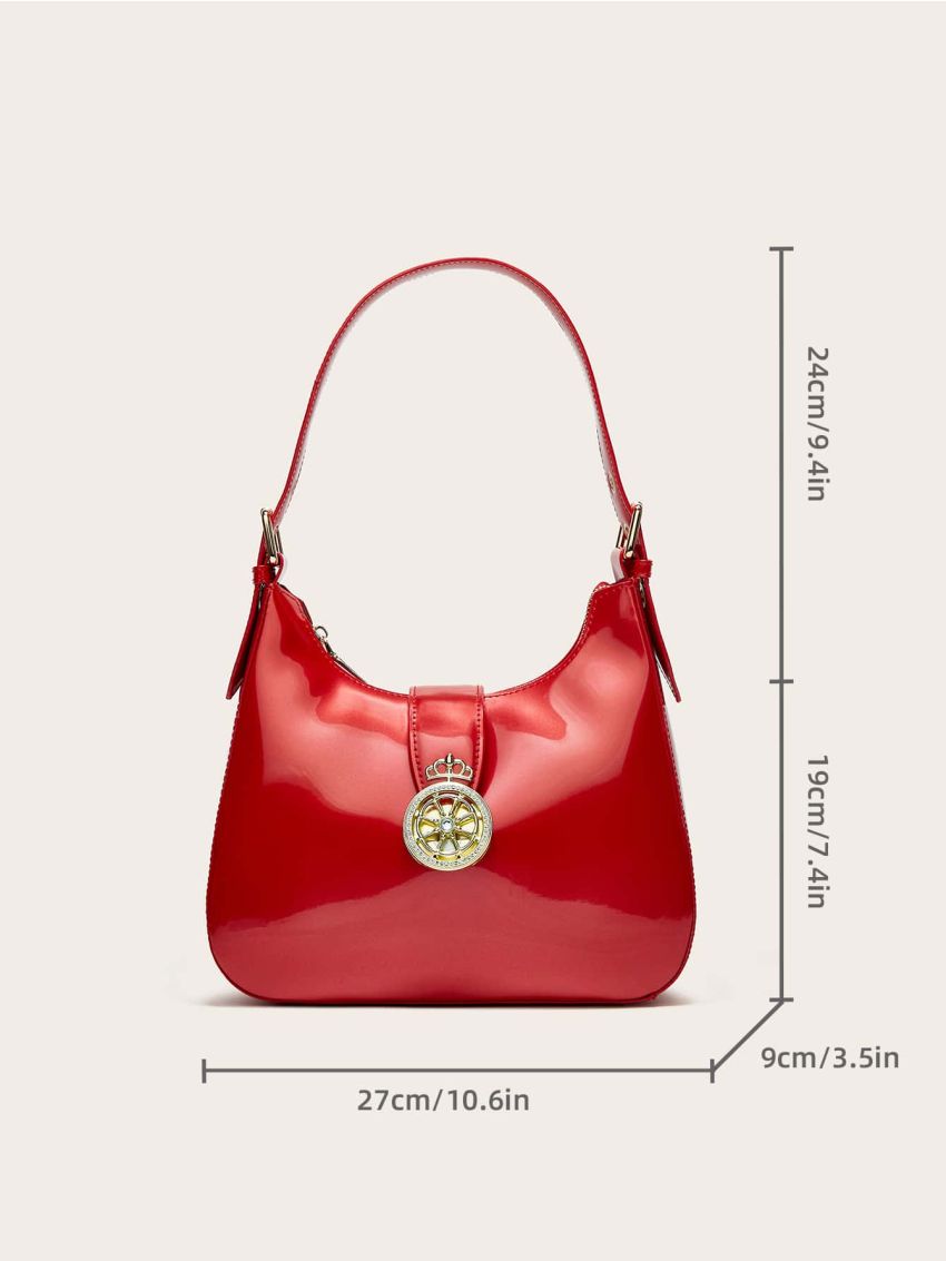 Artificial Patent Leather Crown Decor Hobo Bag