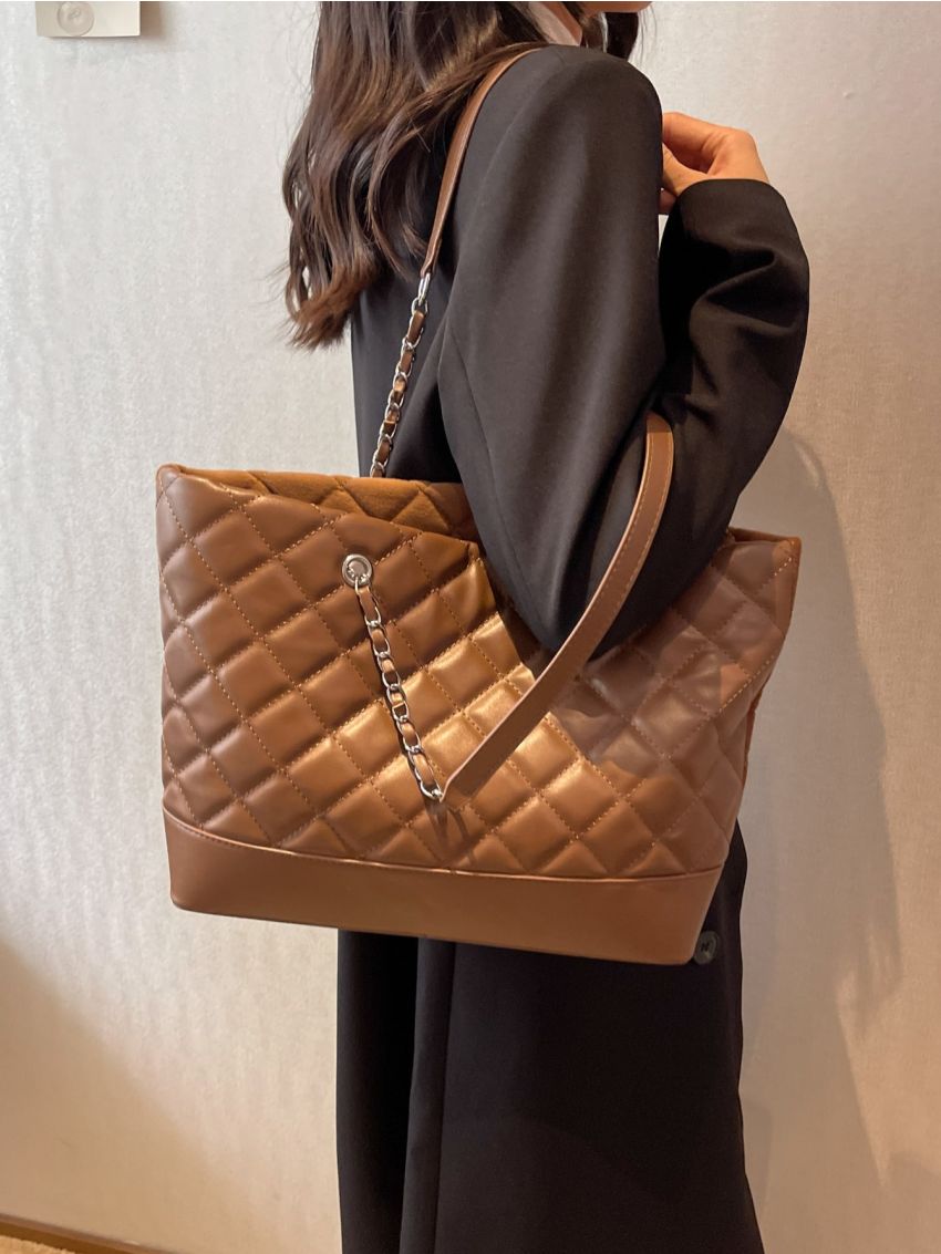Quilted Detail Chain Shoulder Tote Bag