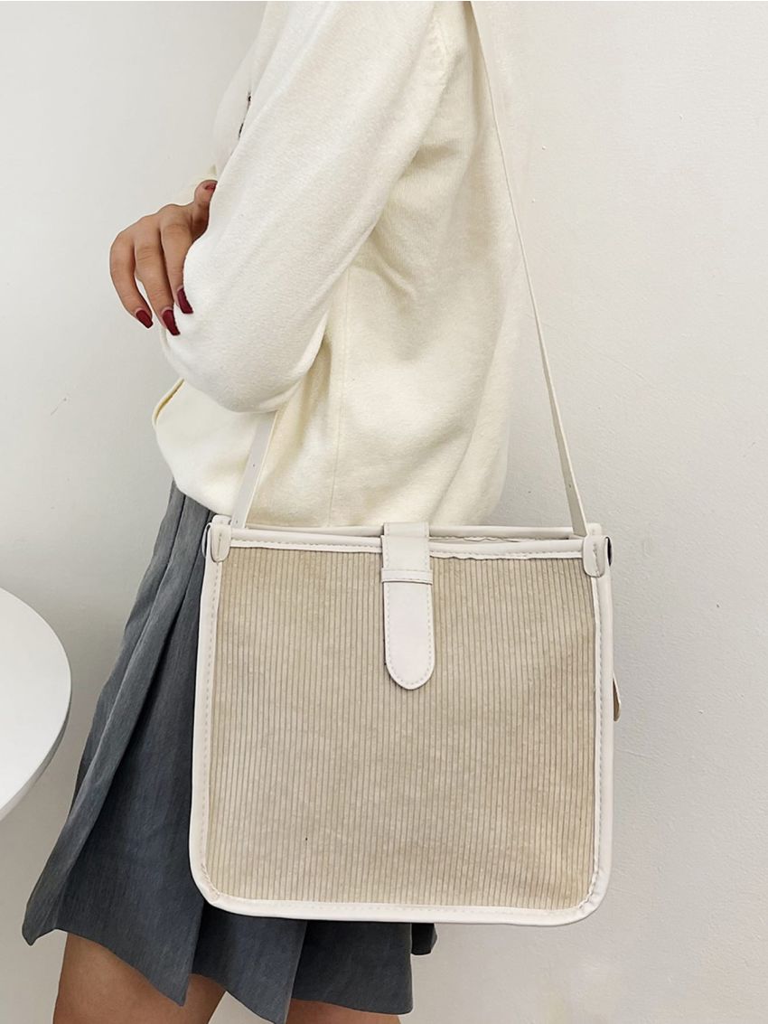 Contrast Binding Corduroy Square Bag
